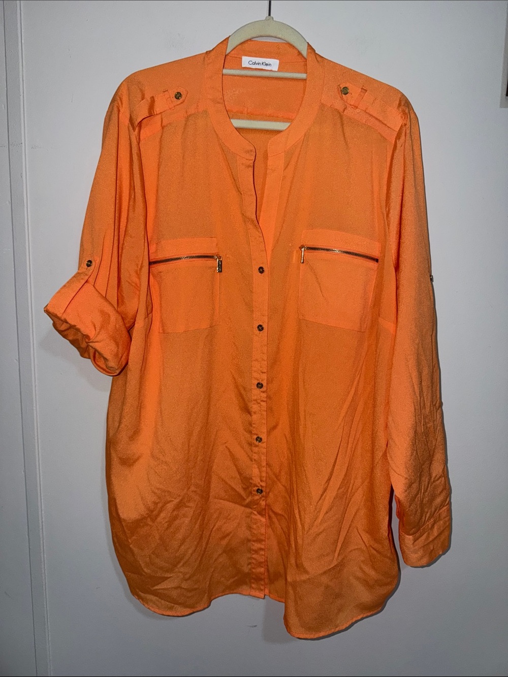 Calvin Klein Bright Orange Button-Front Utility Shirt